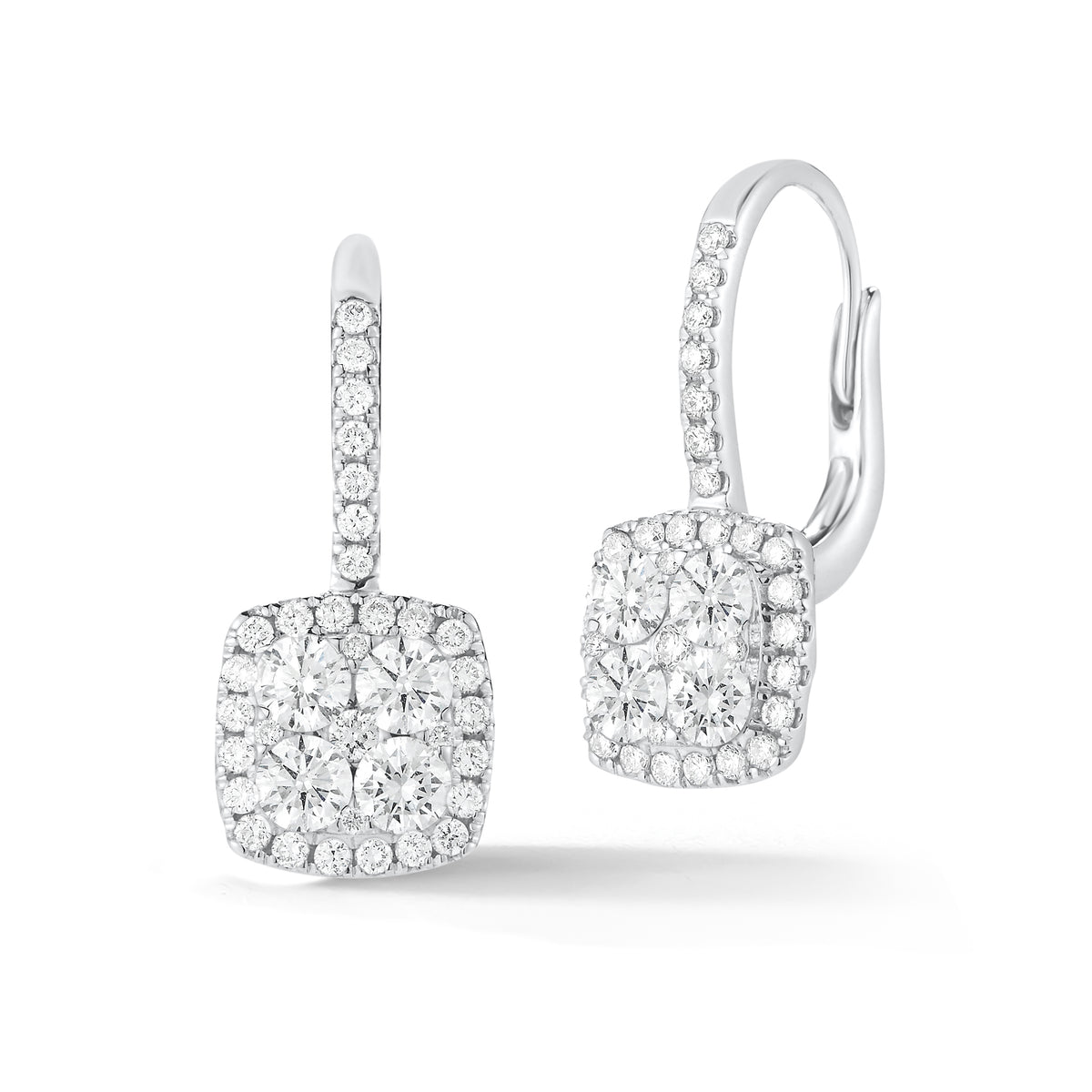 Diamond Cushion Drop Lever-Back Earrings  -18K gold weighing 3.92 grams  -72 round brilliant-cut diamonds in a four-prong micro setting totaling 1.63 carats.