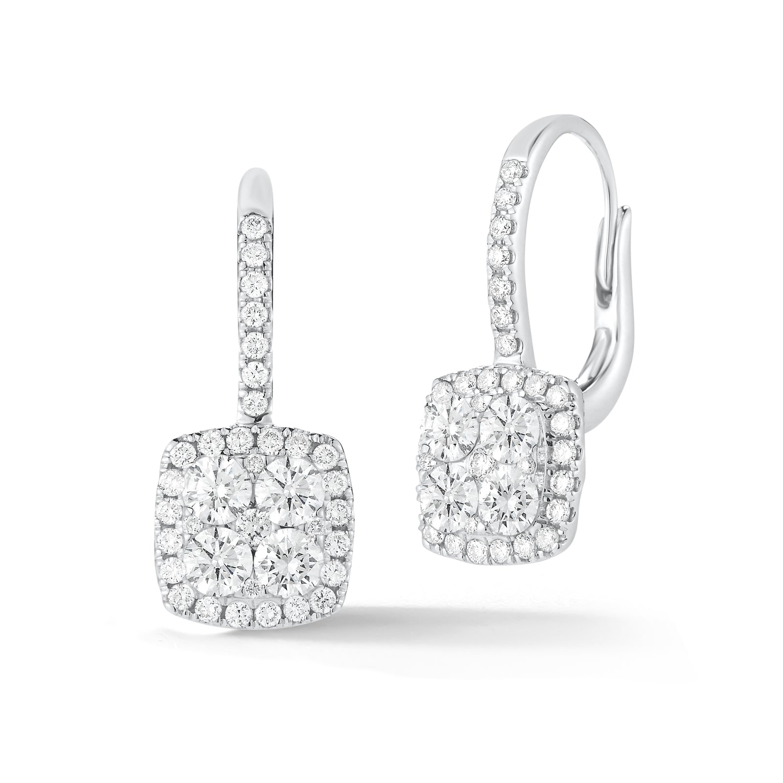 Diamond Cushion Drop Lever-Back Earrings  -18K gold weighing 3.92 grams  -72 round brilliant-cut diamonds in a four-prong micro setting totaling 1.63 carats.