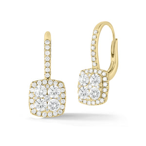 Diamond Cushion Drop Lever-Back Earrings  -18K gold weighing 3.92 grams  -72 round brilliant-cut diamonds in a four-prong micro setting totaling 1.63 carats.