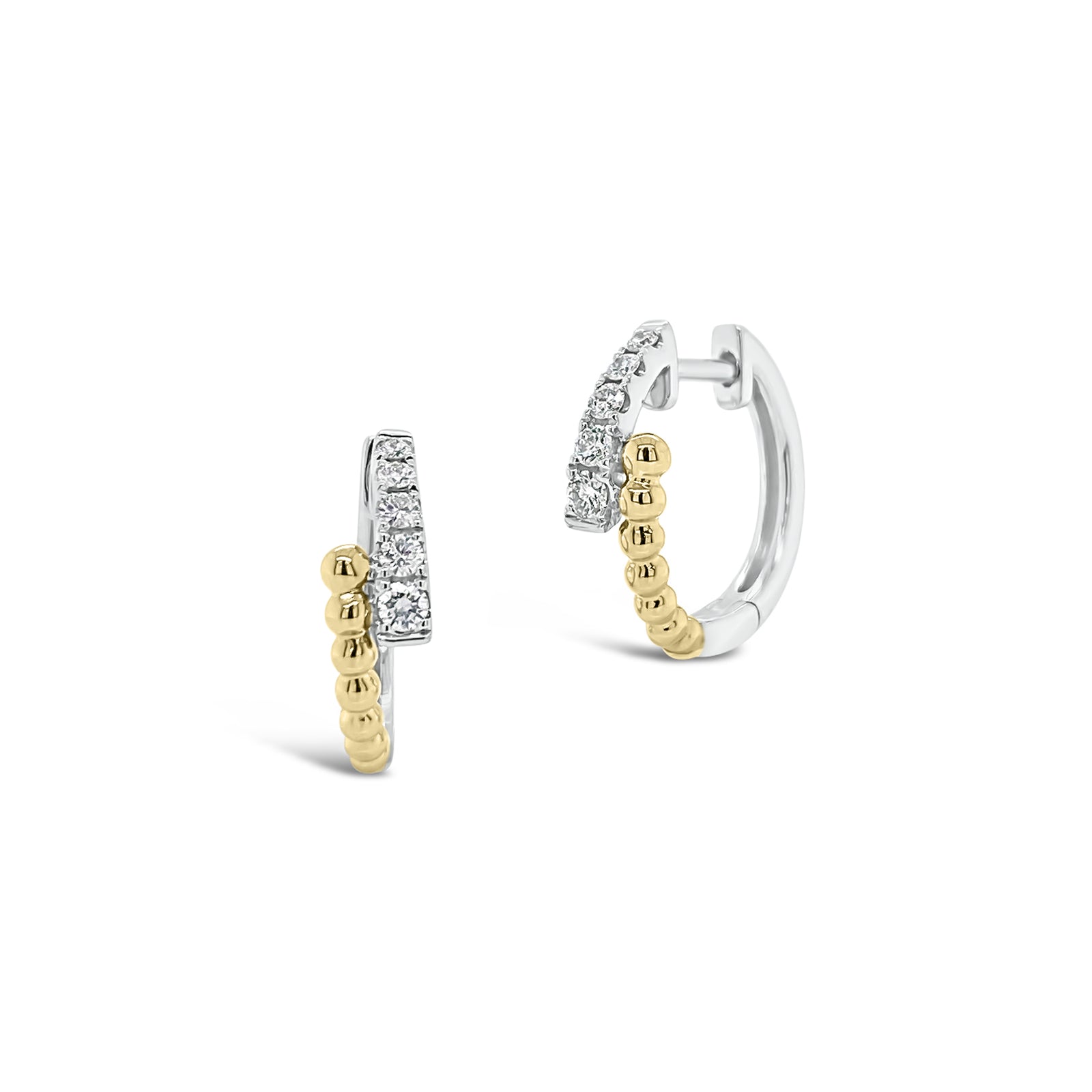 Diamond & Beaded Gold Crossover Huggie Earrings -18K white gold weighing 2.87 grams  -10 round diamonds totaling 0.19 carats