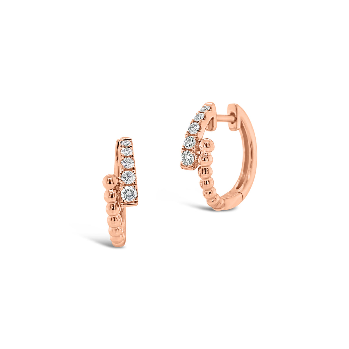 Diamond & Beaded Gold Crossover Huggie Earrings -18K rose gold weighing 2.87 grams  -10 round diamonds totaling 0.19 carats