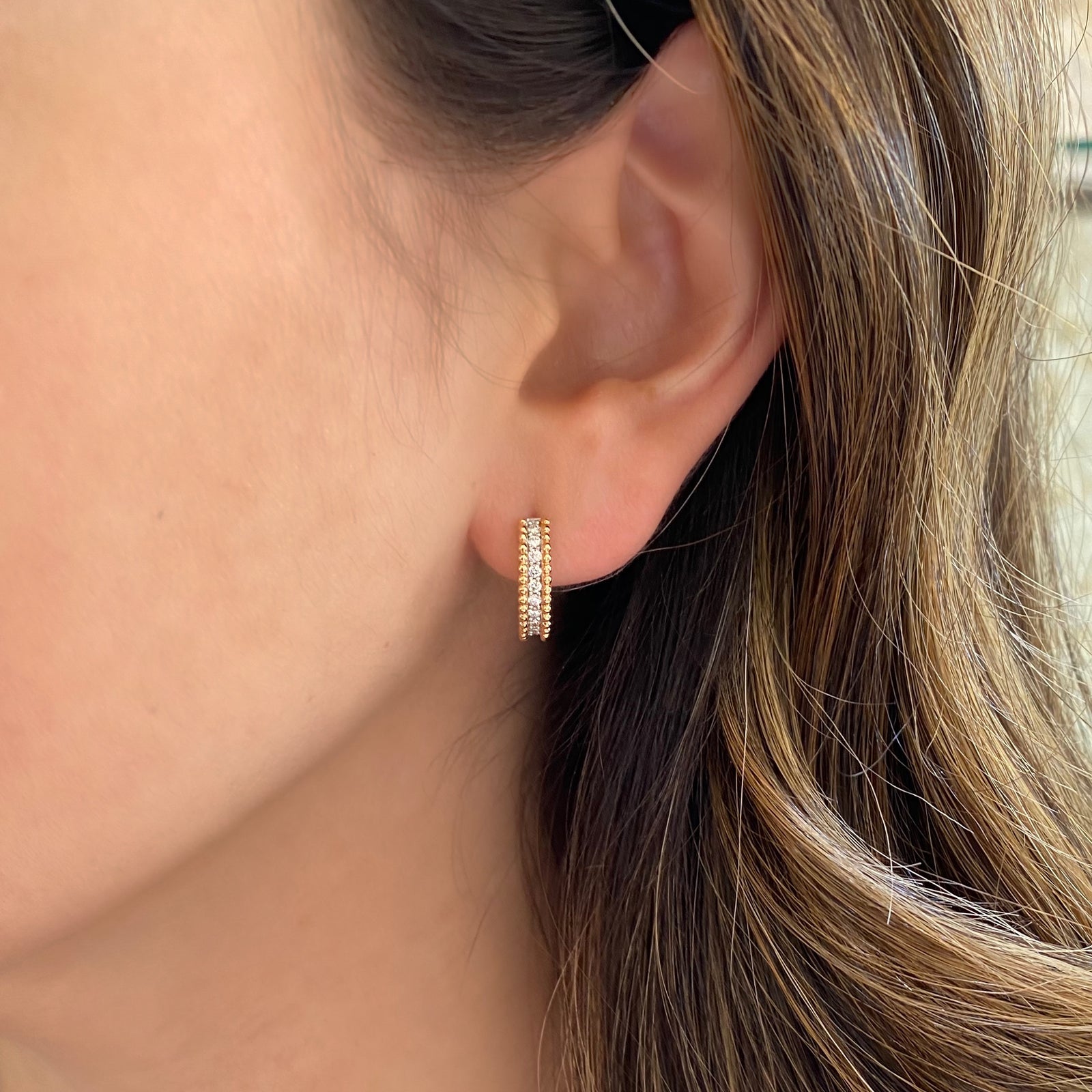 Diamond & Beaded Three-Row Gold Huggie Earrings - 18K yellow gold weighing 3.90 grams - 20 round diamonds totaling 0.23 carats