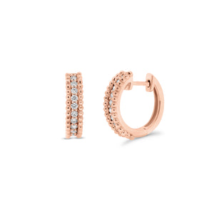 Diamond & Beaded Three-Row Gold Huggie Earrings - 18K rose gold weighing 3.90 grams - 20 round diamonds totaling 0.23 carats