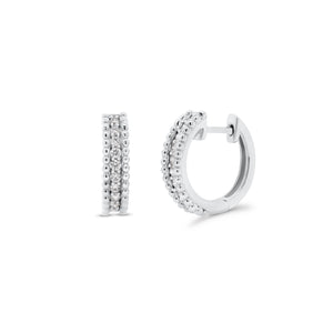 Diamond & Beaded Three-Row Gold Huggie Earrings - 18K white gold weighing 3.90 grams - 20 round diamonds totaling 0.23 carats