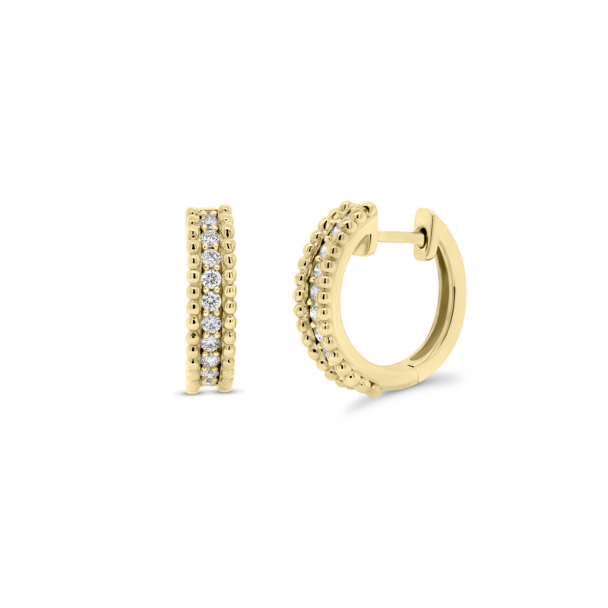 Diamond & Beaded Three-Row Gold Huggie Earrings - 18K yellow gold weighing 3.90 grams - 20 round diamonds totaling 0.23 carats