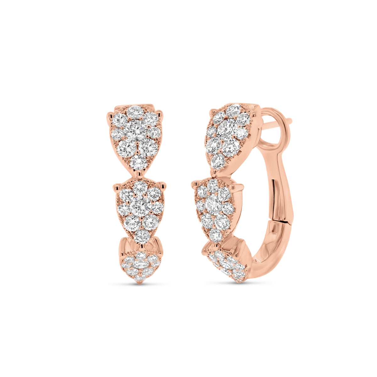 Diamond Teardrops Hoops Earrings - 18K gold weighing 6.47 grams  - 54 round diamonds totaling 1.22 carats