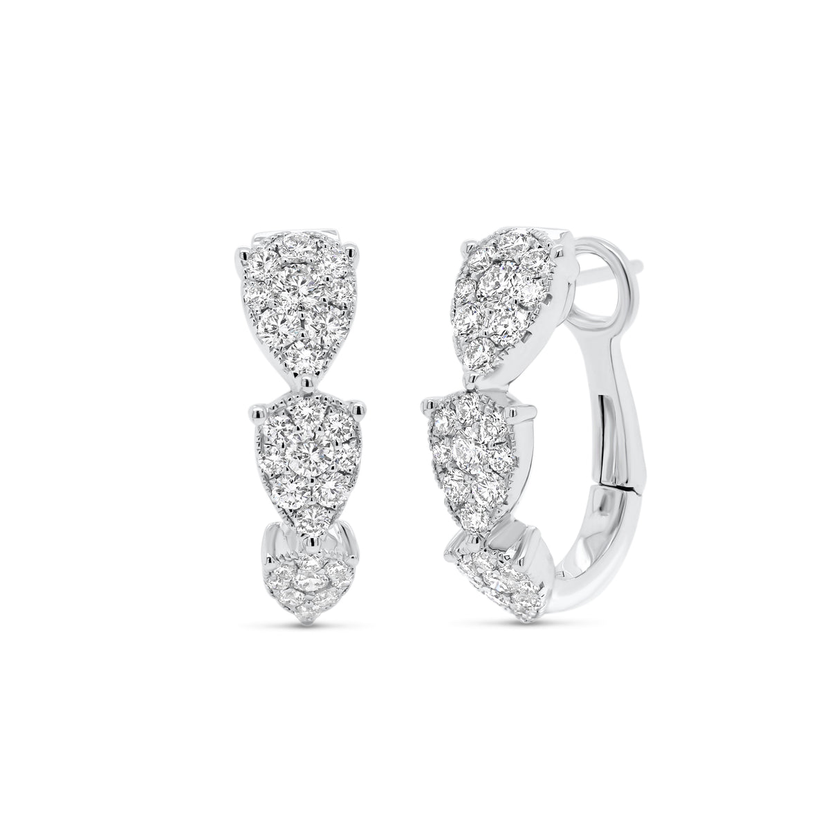 Diamond Teardrops Hoops Earrings - 18K gold weighing 6.47 grams  - 54 round diamonds totaling 1.22 carats