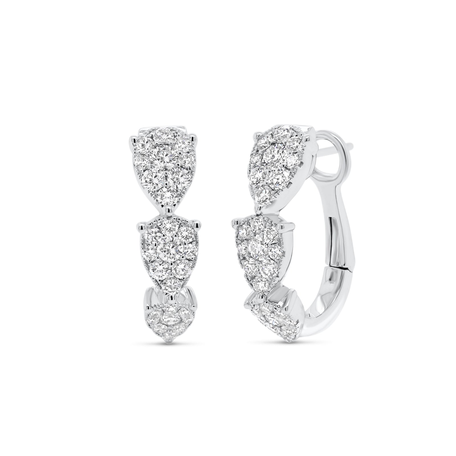 Diamond Teardrops Hoops Earrings - 18K gold weighing 6.47 grams  - 54 round diamonds totaling 1.22 carats