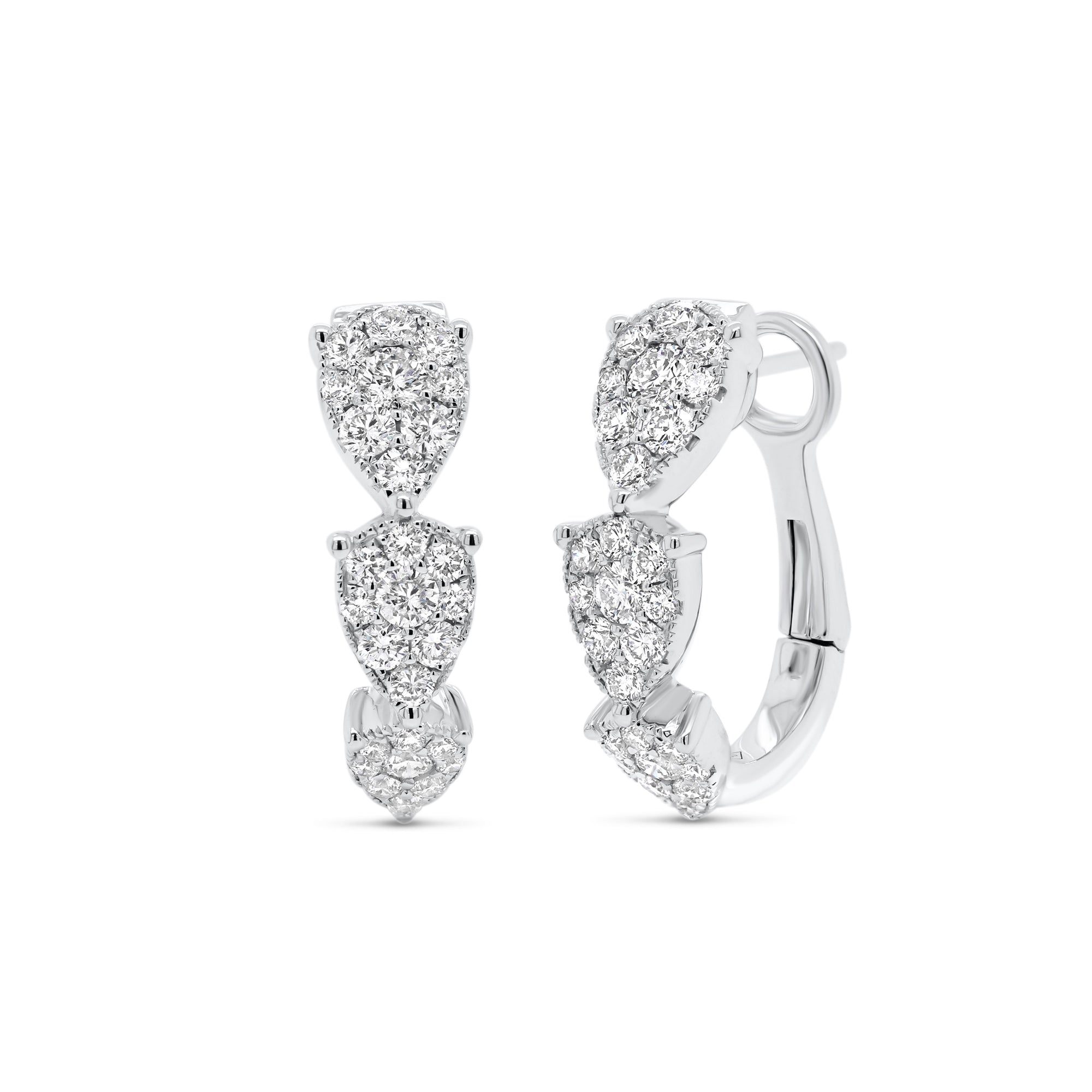 Diamond Teardrops Hoops Earrings - 18K gold weighing 6.47 grams  - 54 round diamonds totaling 1.22 carats