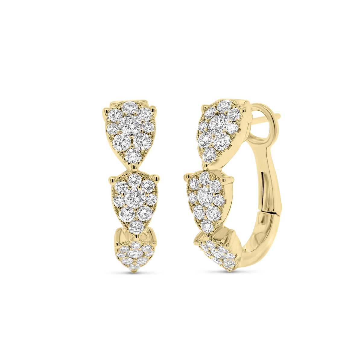 Diamond Teardrops Hoops Earrings - 18K gold weighing 6.47 grams  - 54 round diamonds totaling 1.22 carats