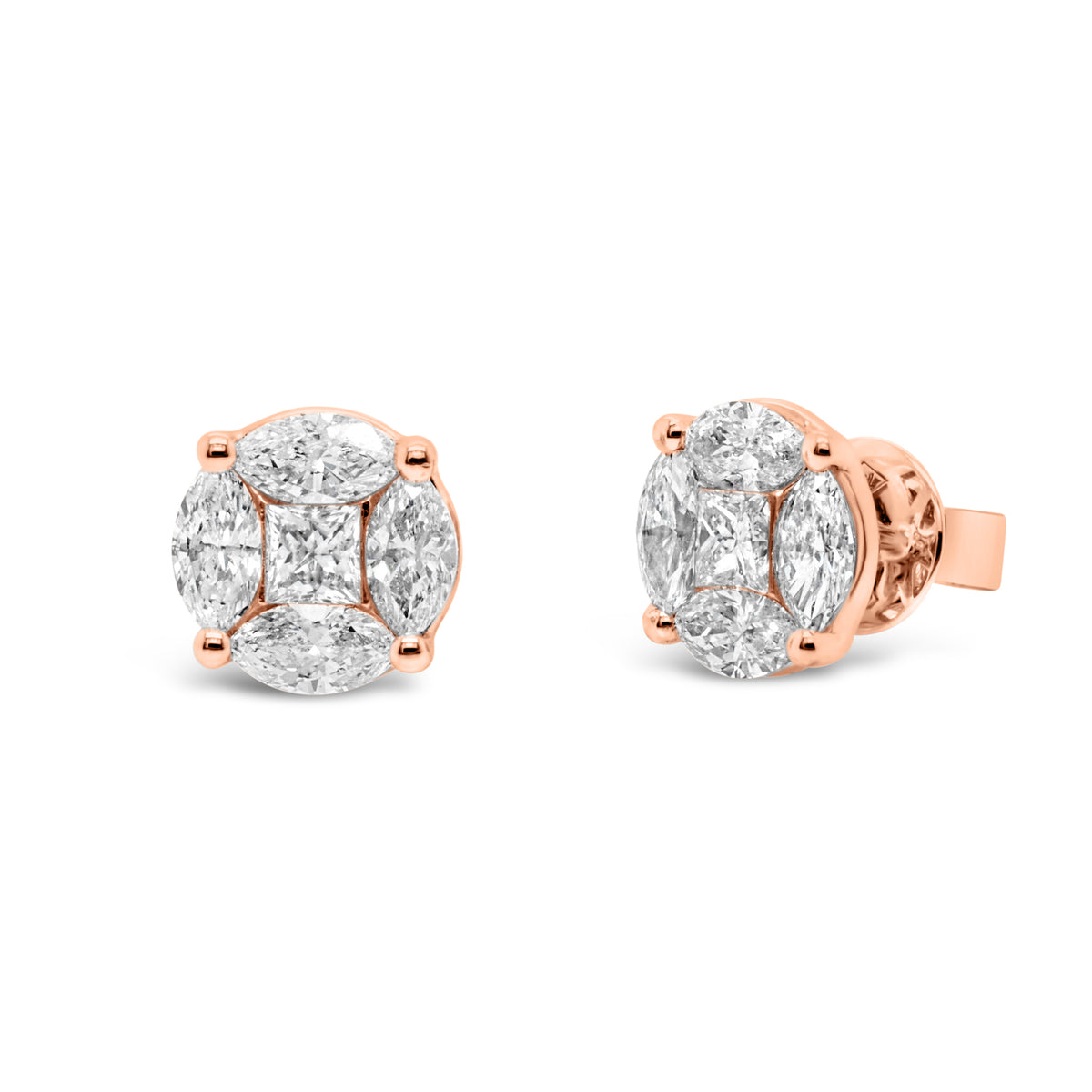 mixed shape diamond stud earrings - 18K gold weighing 2.98 grams  - 8 marquise-shaped diamonds totaling 1.56 carats  - 2 princess-cut diamonds totaling 0.35 carats