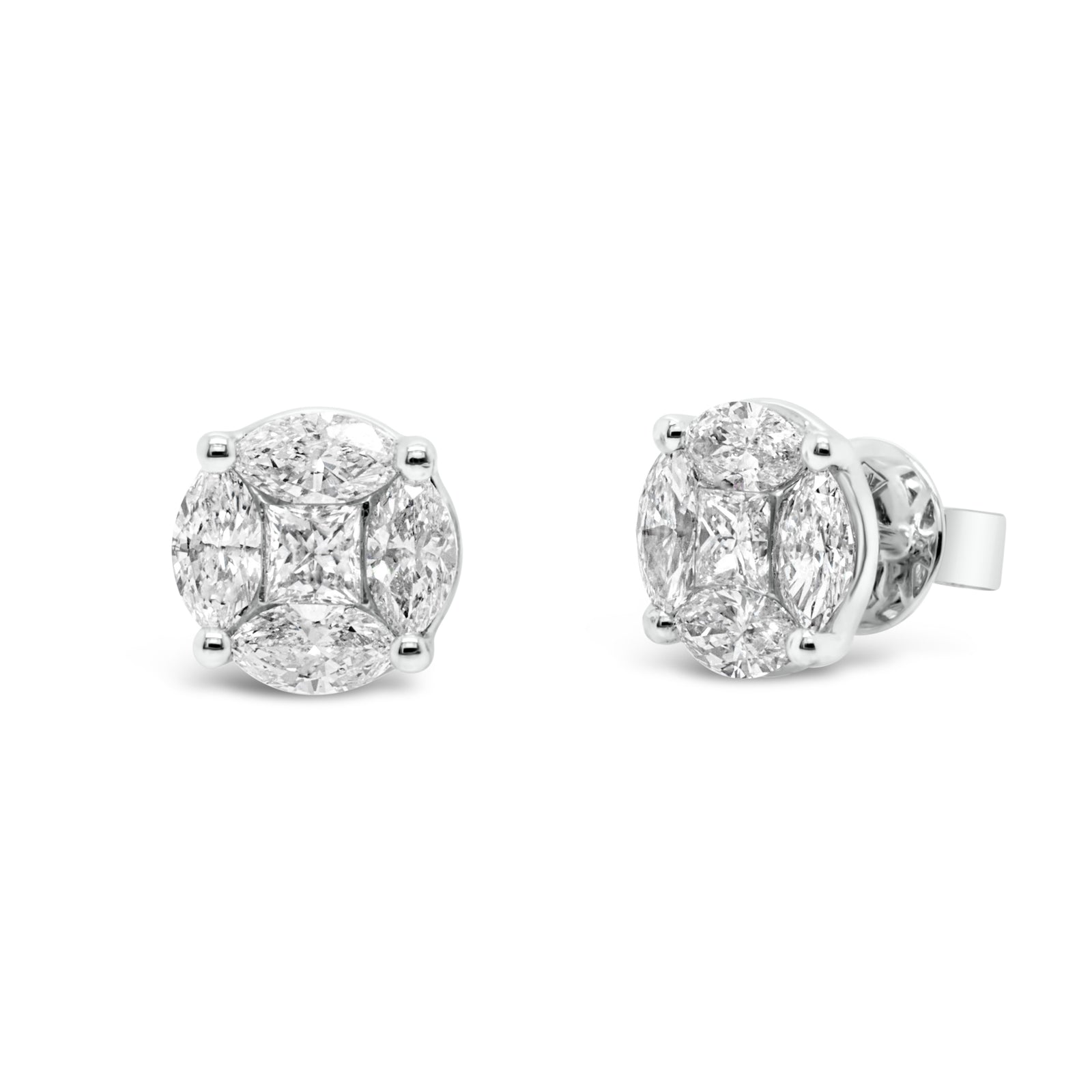 mixed shape diamond stud earrings - 18K gold weighing 2.98 grams  - 8 marquise-shaped diamonds totaling 1.56 carats  - 2 princess-cut diamonds totaling 0.35 carats