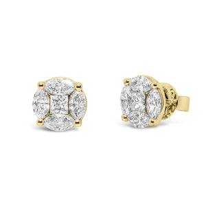 mixed shape diamond stud earrings - 18K gold weighing 2.98 grams  - 8 marquise-shaped diamonds totaling 1.56 carats  - 2 princess-cut diamonds totaling 0.35 carats