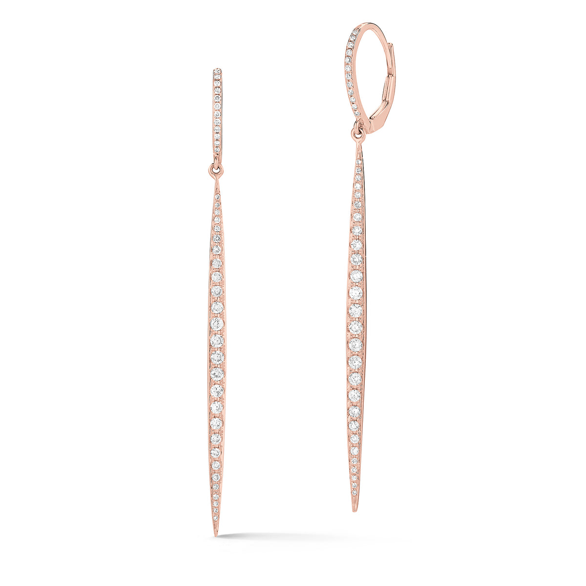 Diamond Dagger Lever-Back Earrings     -14K gold weighing 3.19 grams     -78 round pave-set diamonds totaling 0.67 carats.     Earring size measures 2.5” long, 2.60 millimeters width.