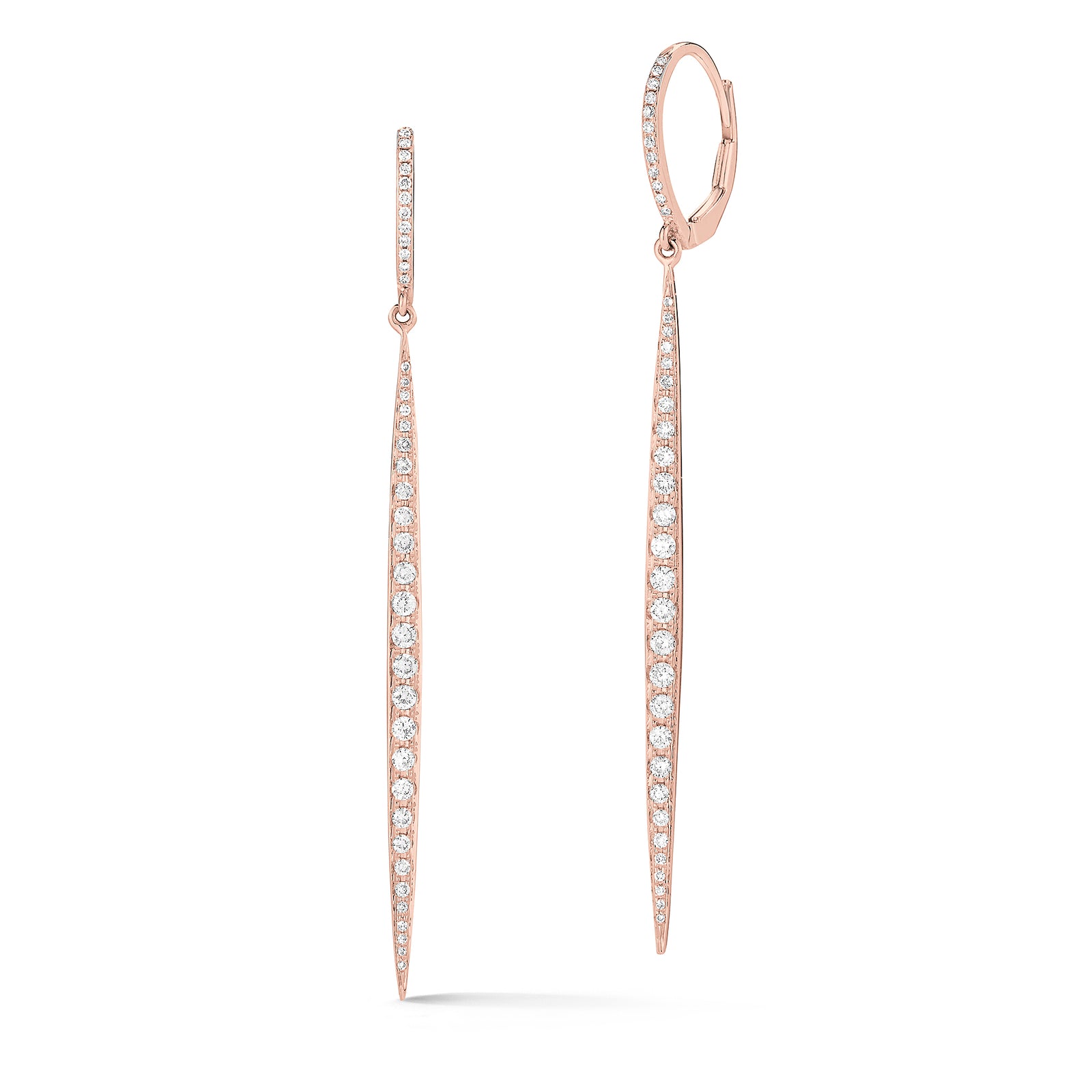 Diamond Dagger Lever-Back Earrings     -14K gold weighing 3.19 grams     -78 round pave-set diamonds totaling 0.67 carats.     Earring size measures 2.5” long, 2.60 millimeters width.