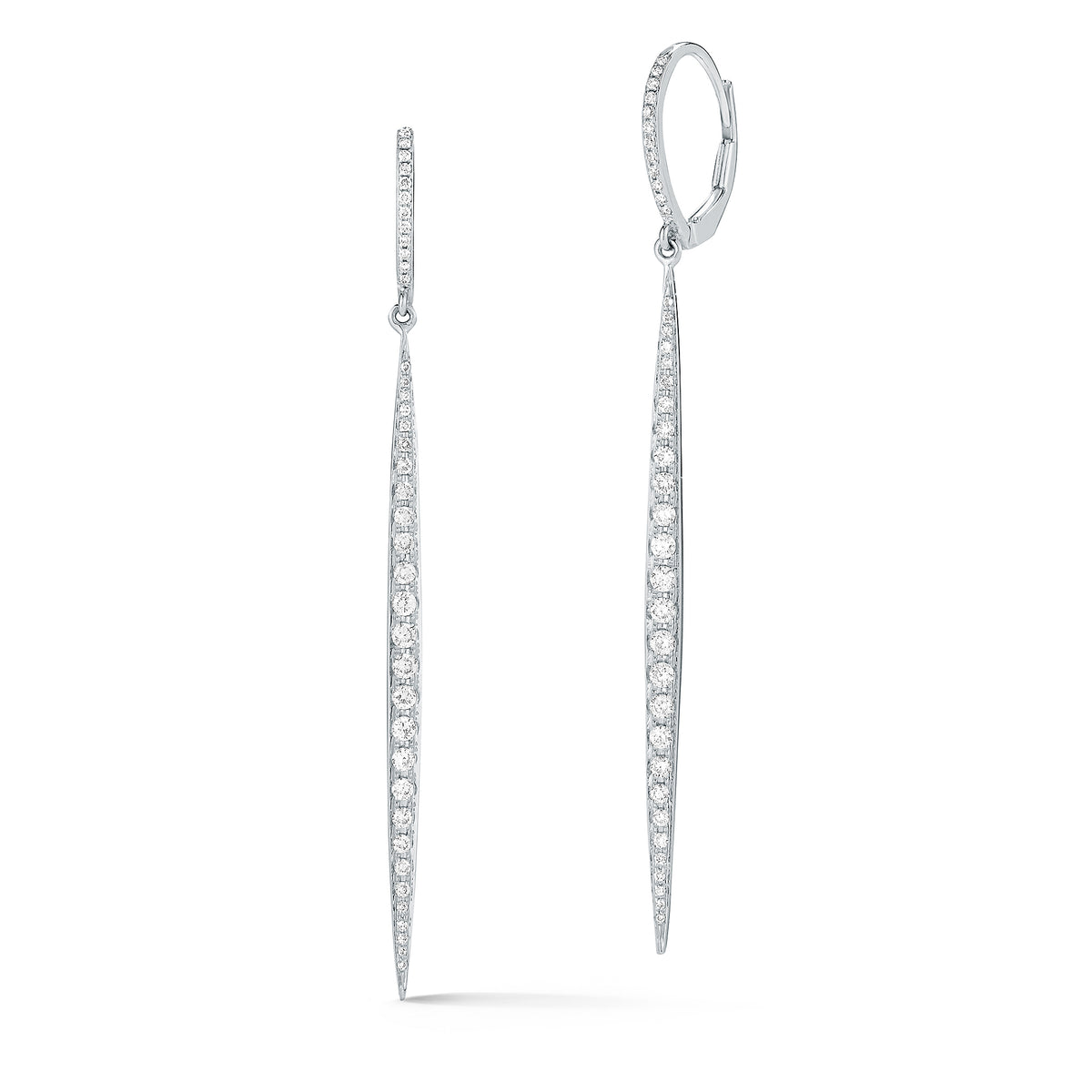 Diamond Dagger Lever-Back Earrings     -14K gold weighing 3.19 grams     -78 round pave-set diamonds totaling 0.67 carats.     Earring size measures 2.5” long, 2.60 millimeters width.