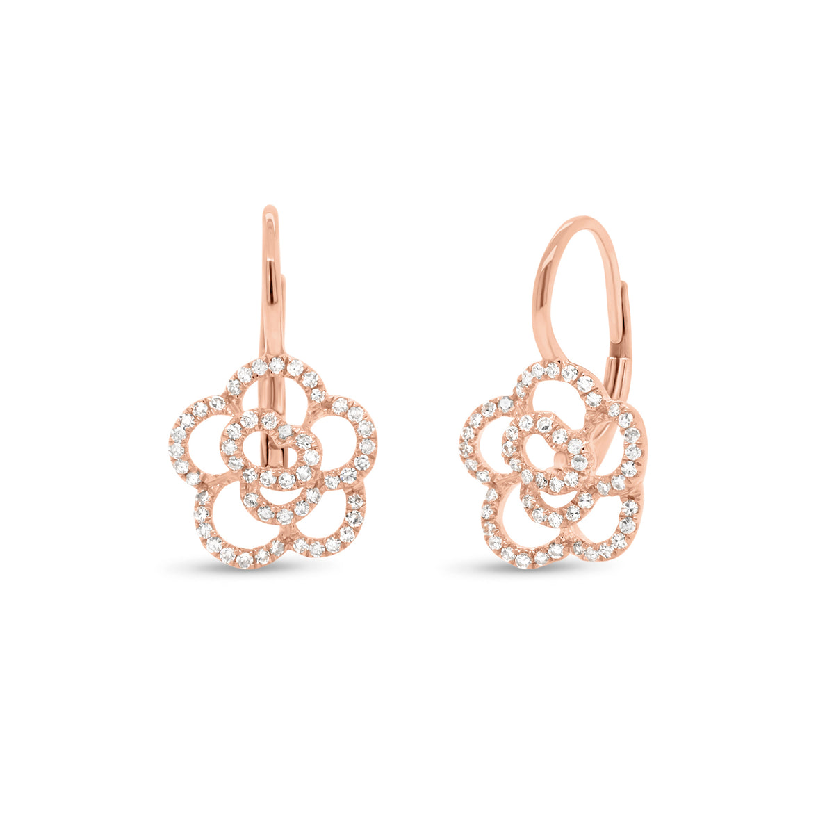 Diamond Rose Lever-Back Earrings - 14K rose gold weighing 2.00 grams - 104 round diamonds totaling 0.32 carats
