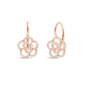 Diamond Rose Lever-Back Earrings - 14K rose gold weighing 2.00 grams - 104 round diamonds totaling 0.32 carats