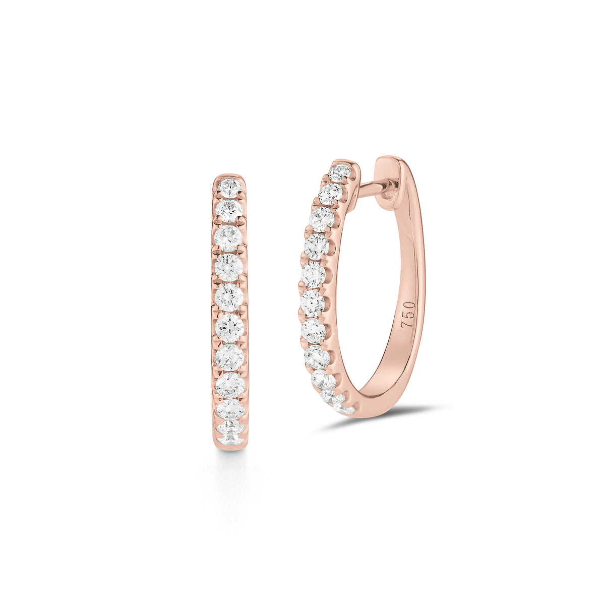Diamond huggie earrings 18k gold, 3.49 grams, 22 round shared prong-set diamonds .44 carats.  Earring size 16.5 millimeters, width 2 millimeters.
