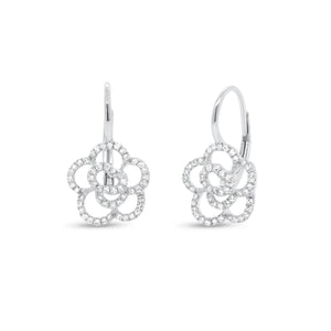 Diamond Rose Lever-Back Earrings - 14K white gold weighing 2.00 grams - 104 round diamonds totaling 0.32 carats