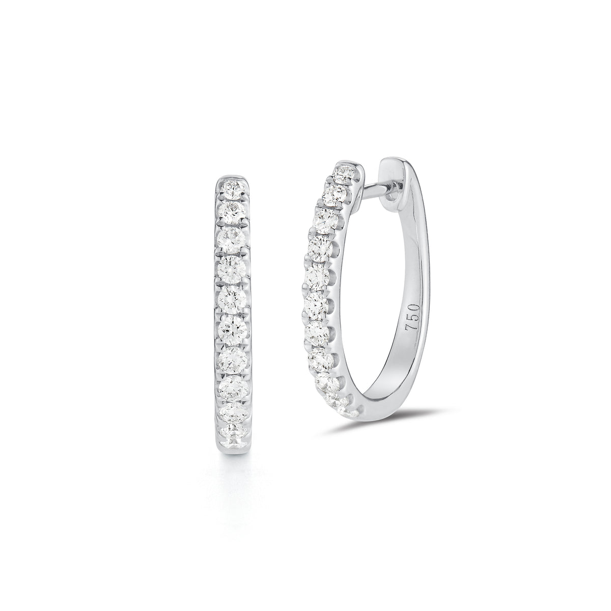 Diamond huggie earrings 18k gold, 3.49 grams, 22 round shared prong-set diamonds .44 carats.  Earring size 16.5 millimeters, width 2 millimeters.