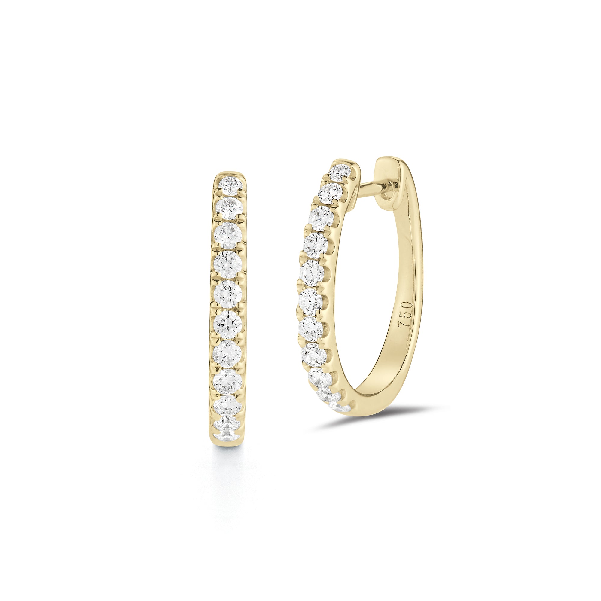 Diamond huggie earrings 18k gold, 3.49 grams, 22 round shared prong-set diamonds .44 carats.  Earring size 16.5 millimeters, width 2 millimeters.