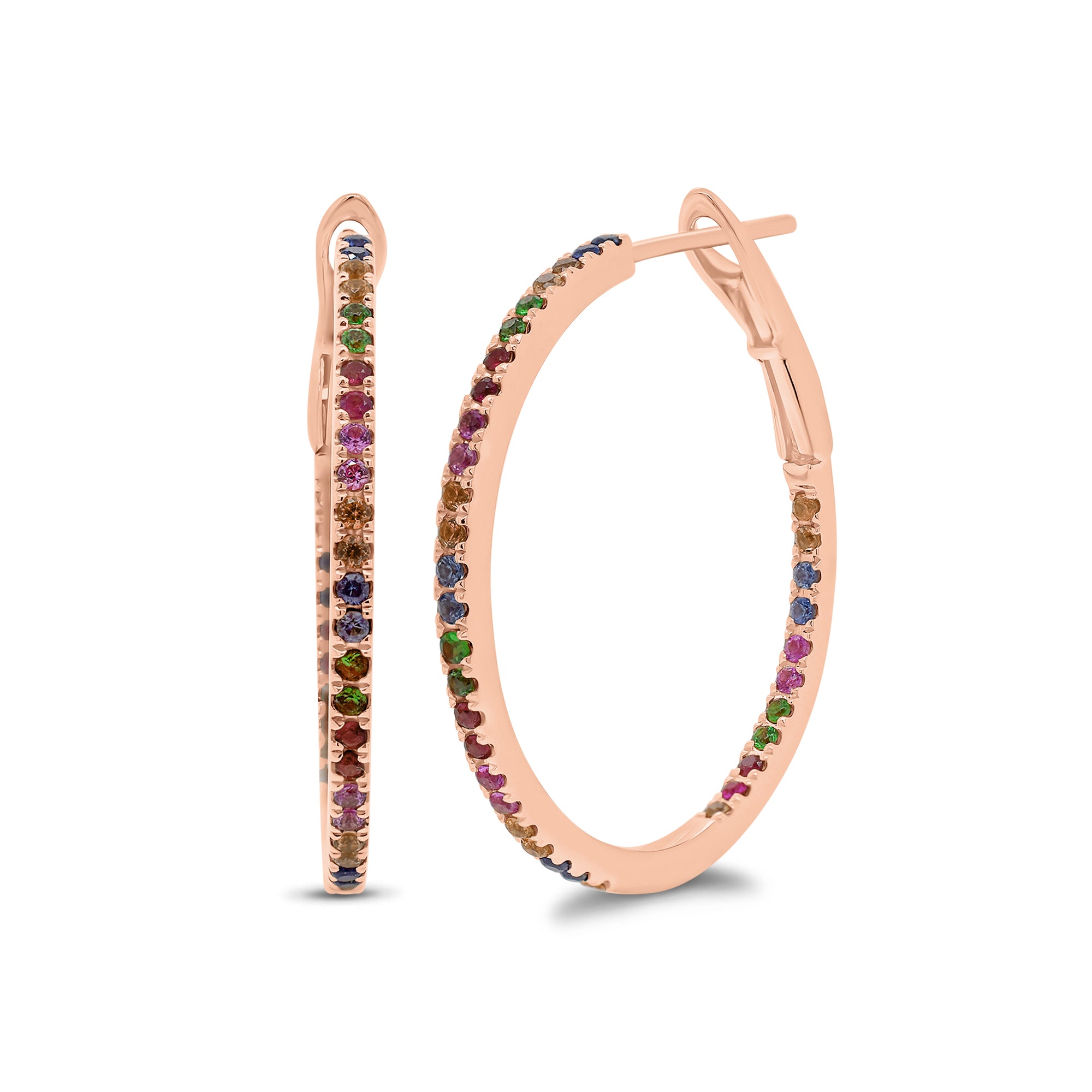 Rainbow Sapphire Interior and Exterior Hoop Earrings - 14K gold weighing 3.62 grams  - 72 sapphires weighing 0.70 carats