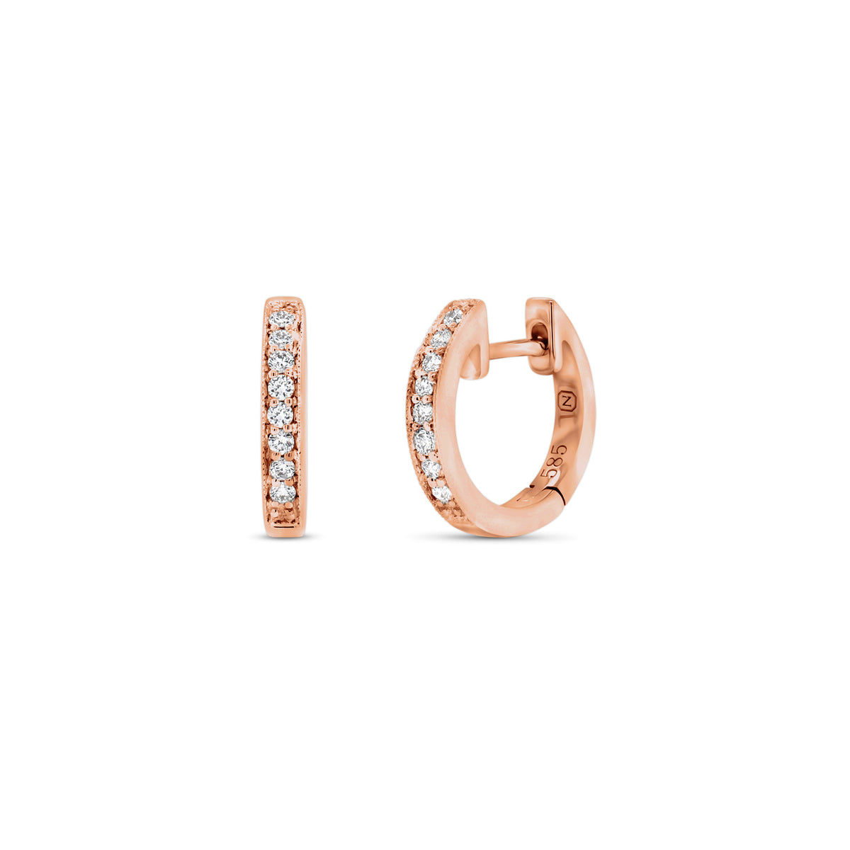 Diamond Small Huggie Earrings With Milgrain Detail - 14K gold weighing 1.99 grams  - 16 round diamonds totaling 0.14 carats