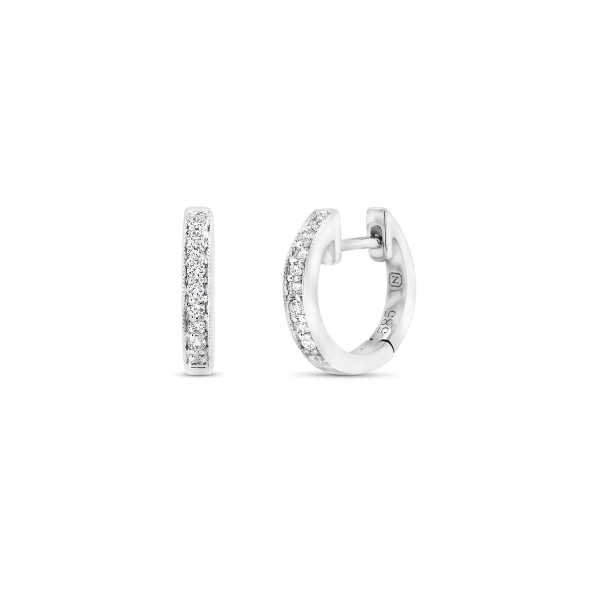 Diamond Small Huggie Earrings With Milgrain Detail - 14K gold weighing 1.99 grams  - 16 round diamonds totaling 0.14 carats