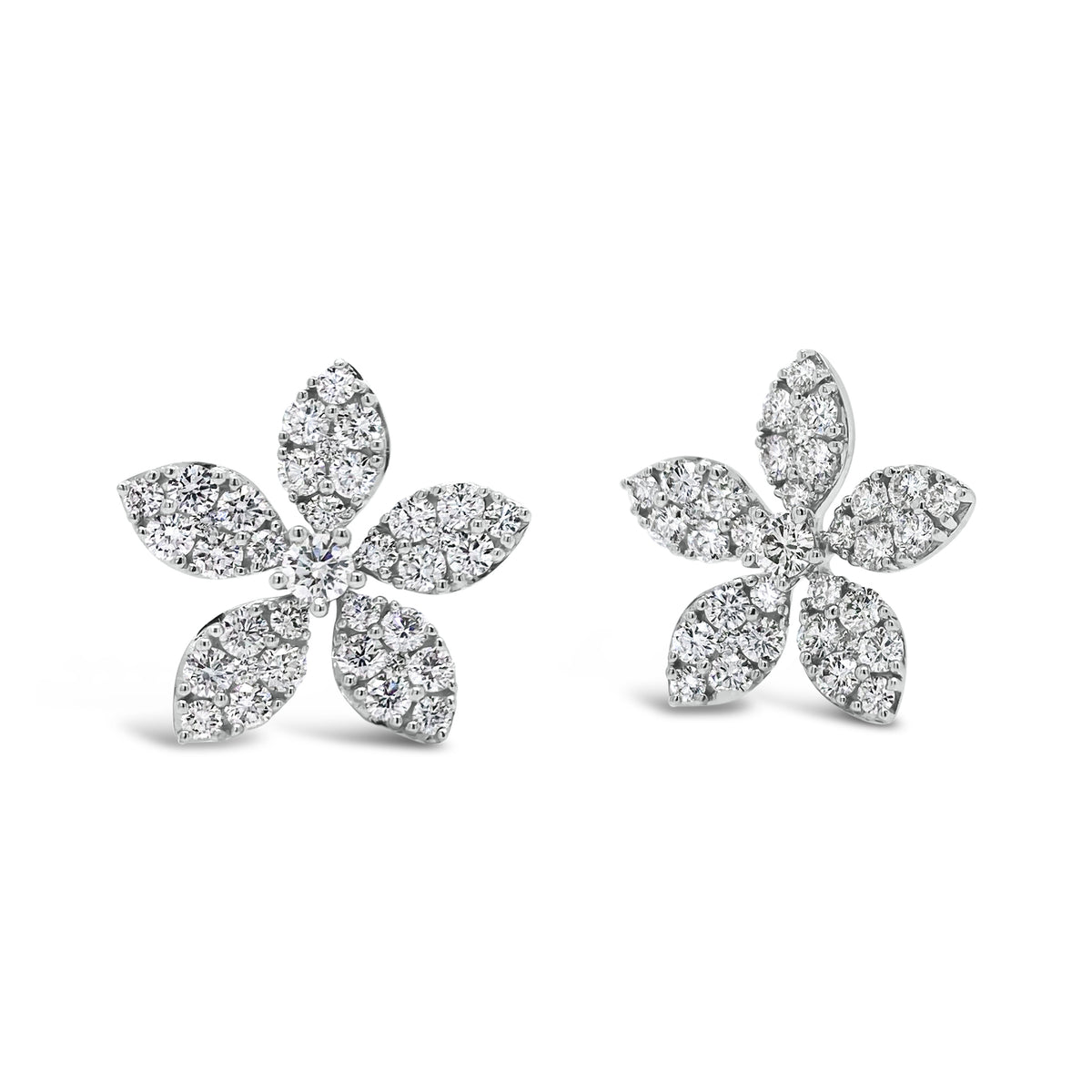 diamond bloom stud earrings -18K gold weighing 5.06 grams  -72 round diamonds totaling 1.93 carats