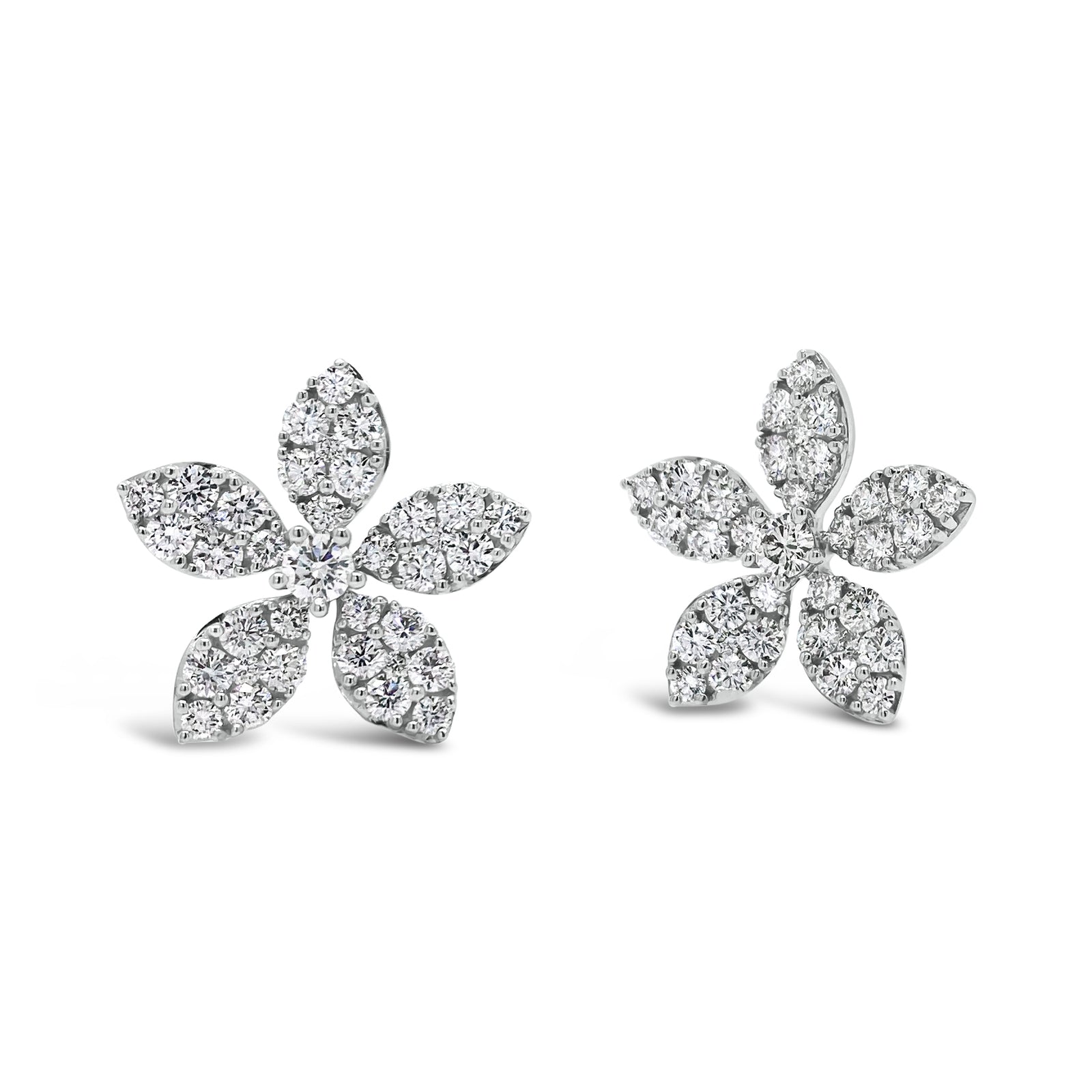 diamond bloom stud earrings -18K gold weighing 5.06 grams  -72 round diamonds totaling 1.93 carats