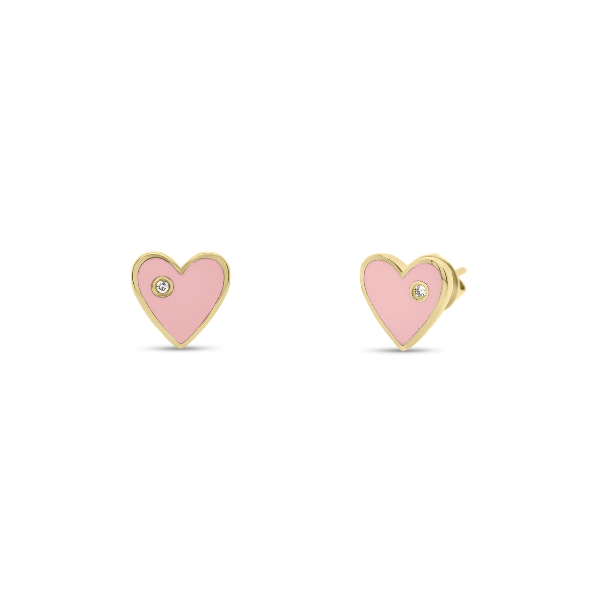 Diamond & enamel heart stud earrings - 14K gold weighing 1.36 grams  - 2 round diamonds totaling 0.01 carats