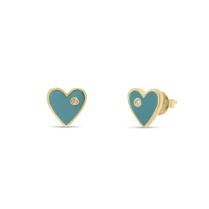 Diamond & enamel heart stud earrings - 14K gold weighing 1.36 grams  - 2 round diamonds totaling 0.01 carats