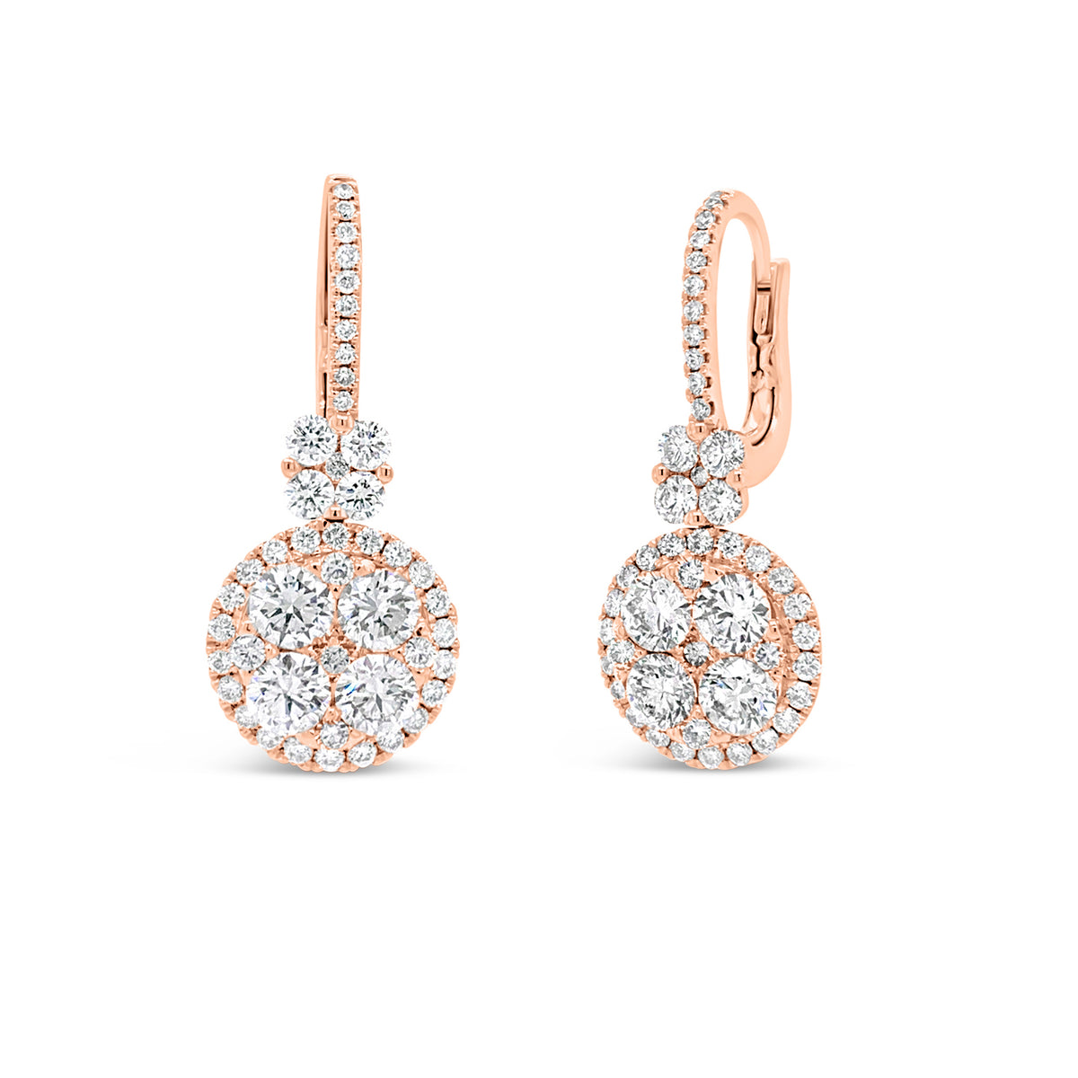Diamond Cluster Lever-Back Earrings  -18K gold weighing 5.52 grams  -92 round diamonds totaling 3.15 carats  -Lever back