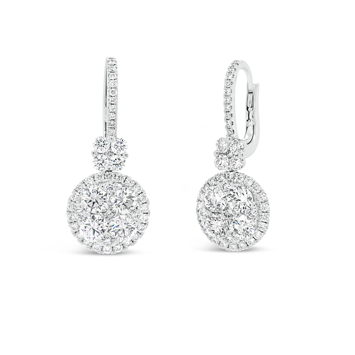 Diamond Cluster Lever-Back Earrings  -18K gold weighing 5.52 grams  -92 round diamonds totaling 3.15 carats  -Lever back
