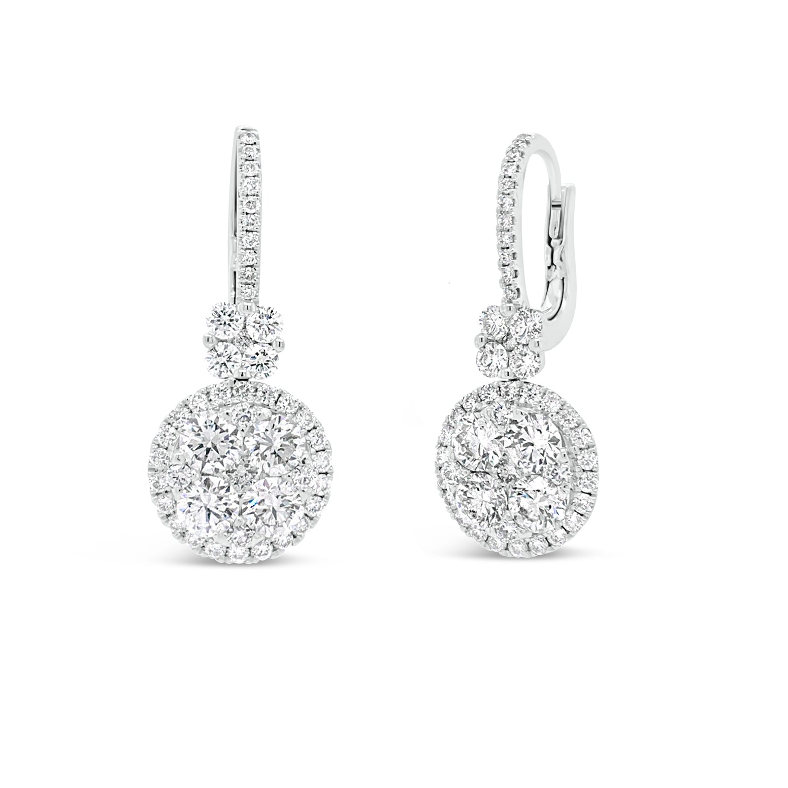 Diamond Cluster Lever-Back Earrings  -18K gold weighing 5.52 grams  -92 round diamonds totaling 3.15 carats  -Lever back