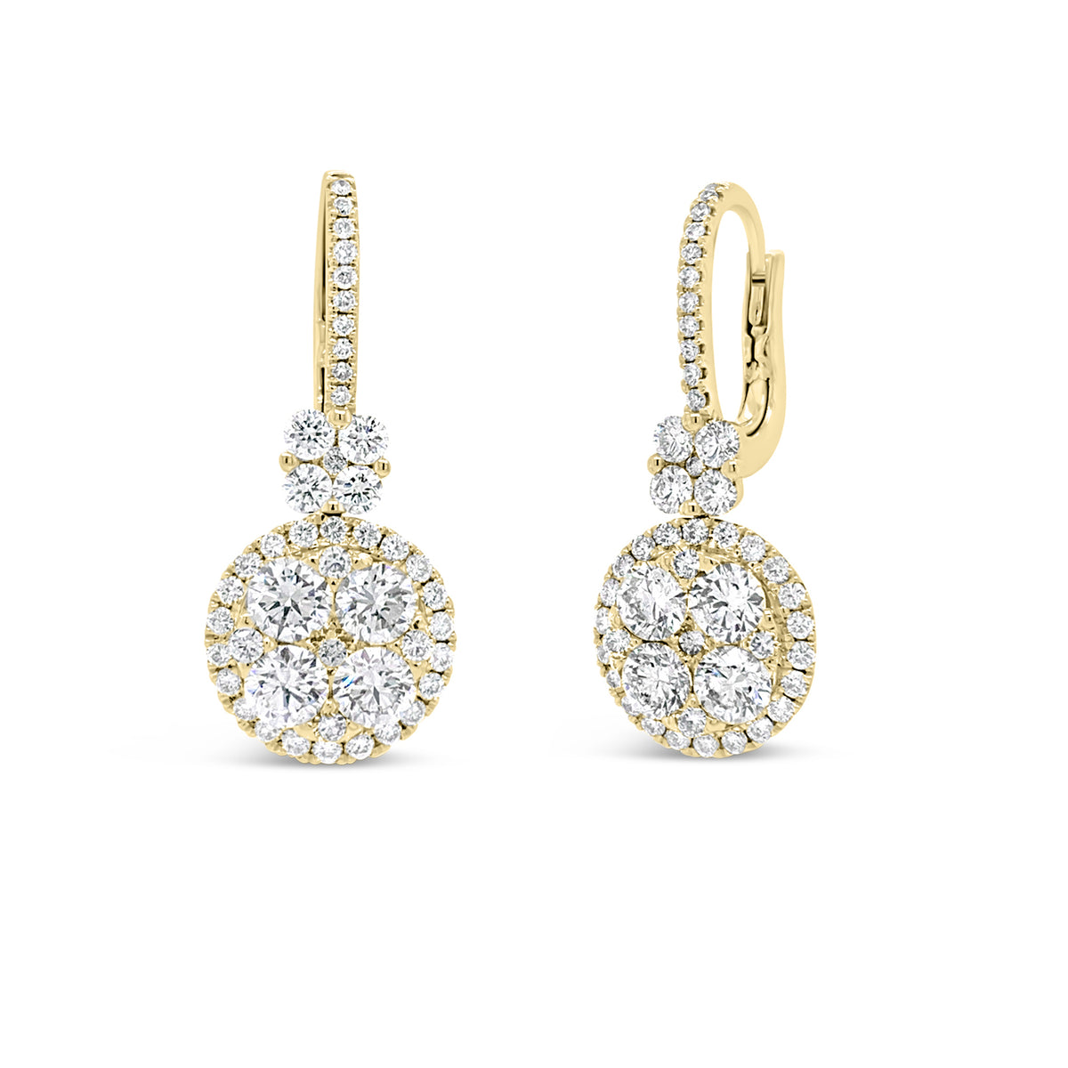 Diamond Cluster Lever-Back Earrings  -18K gold weighing 5.52 grams  -92 round diamonds totaling 3.15 carats  -Lever back