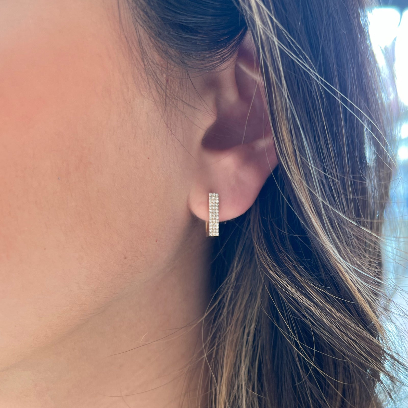 Diamond Square Huggie Earrings - 14K gold weighing 2.63 grams  - 78 round diamonds totaling 0.18 carats