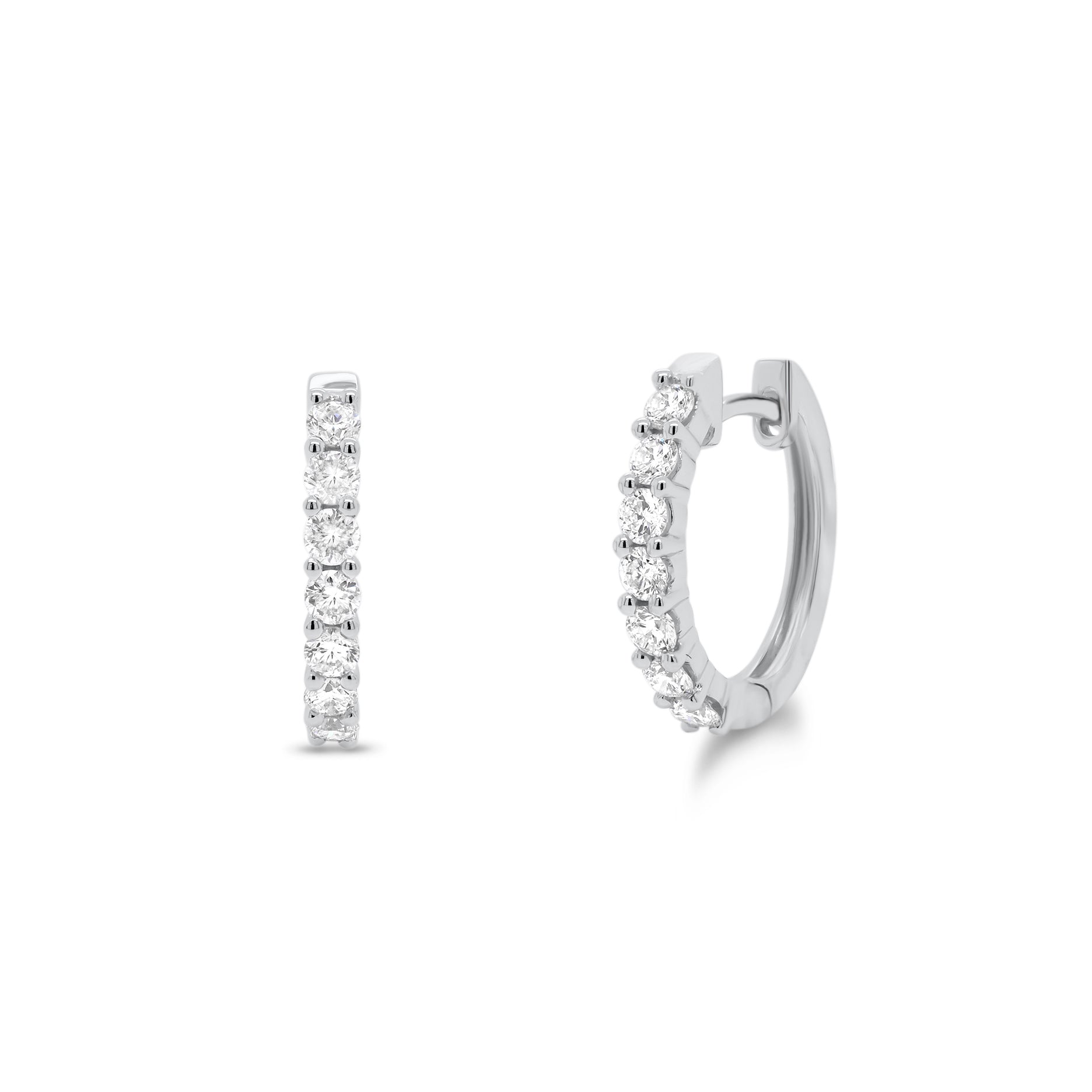 Prong-set diamond huggie earrings - 18K gold weighing 2.68 grams  - 14 round diamonds totaling 0.56 carats