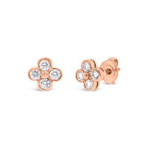 Clover Diamond Stud Earrings - rose gold - Platinum weighing 2.6 grams -8 round bezel-set diamonds weighing .45 carats