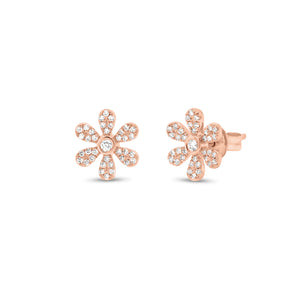 Diamond Small Daisy Stud Earrings - 14K rose gold weighing 1.73 grams - 74 round diamonds totaling 0.26 carats