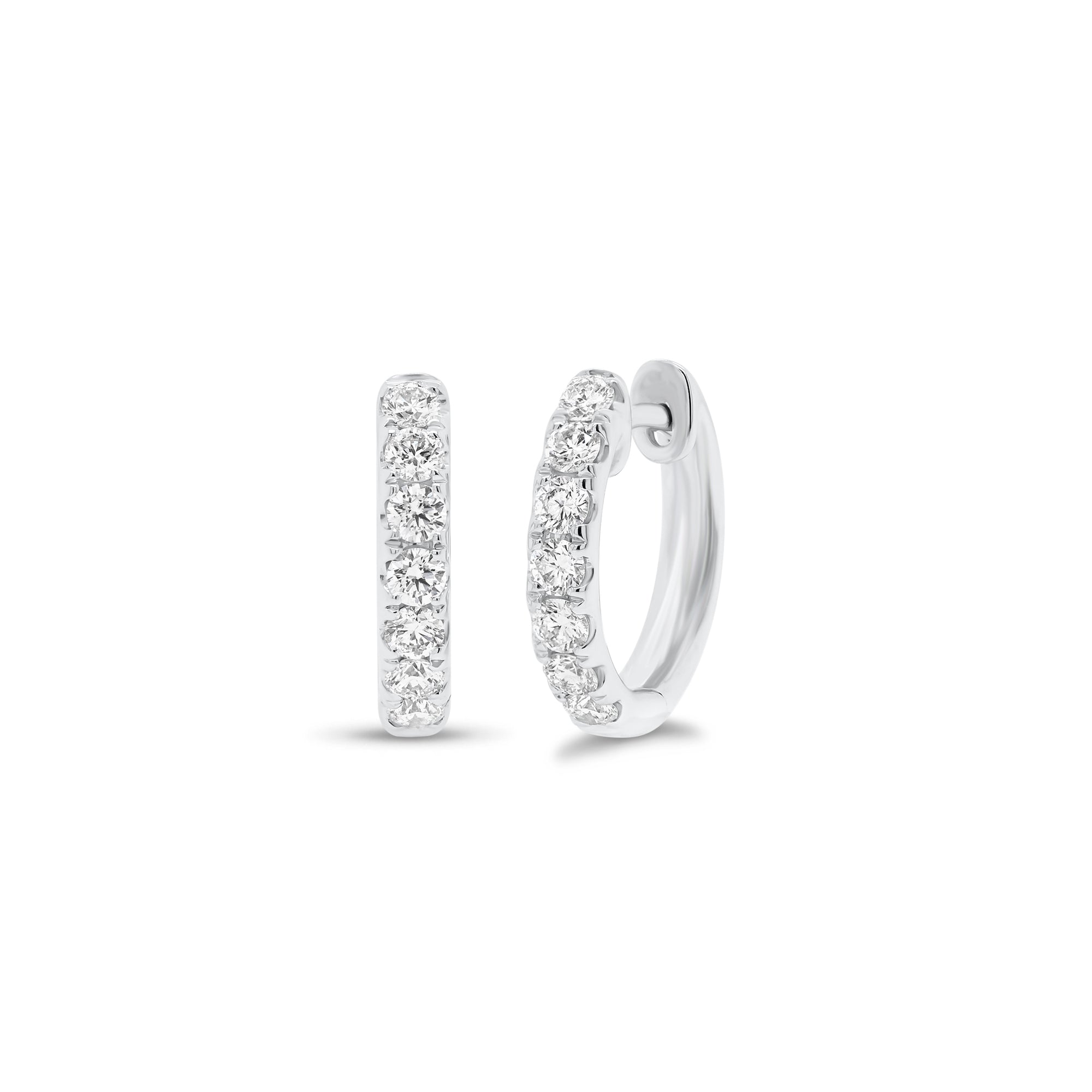 18K Gold Diamond Mini Huggie Earrings - 18K white gold weighing 3.31 grams  - 14 round diamonds totaling 0.55 carats