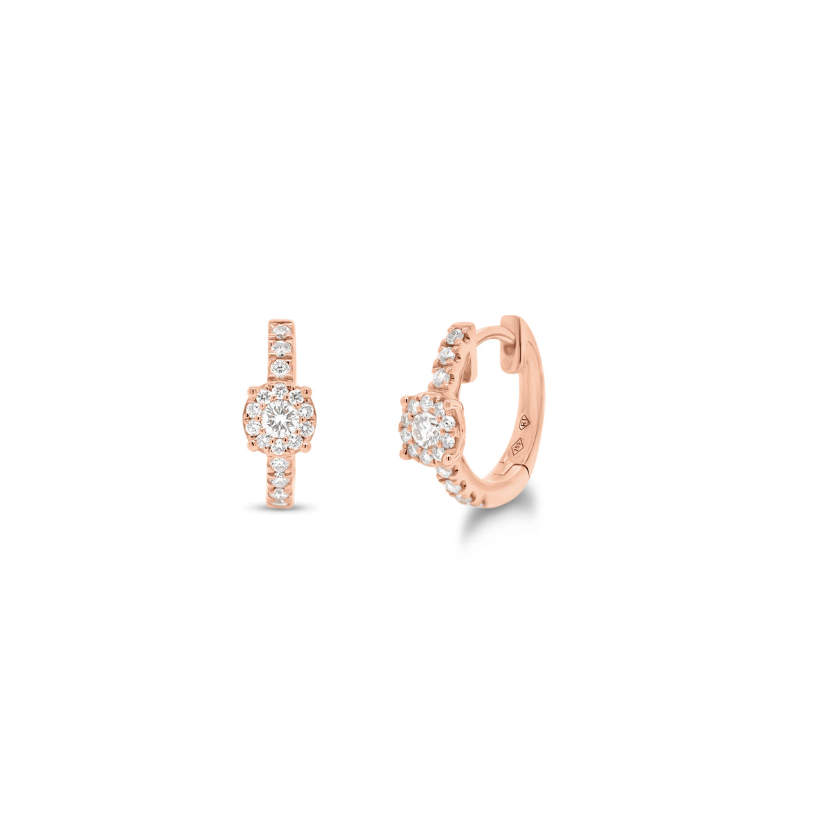 Diamond halo huggie earrings - 18K gold weighing 2.50 grams - 34 round diamonds totaling 0.21 carats - 2 round diamonds totaling 0.10 carats