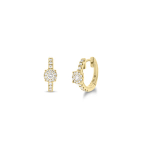 Diamond halo huggie earrings - 18K gold weighing 2.50 grams  - 34 round diamonds totaling 0.21 carats  - 2 round diamonds totaling 0.10 carats