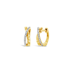 Half Diamond Half Gold Stud Huggie Twist Earrings -14k gold weighing 1.83 grams  -26 round diamonds weighing .07 carats