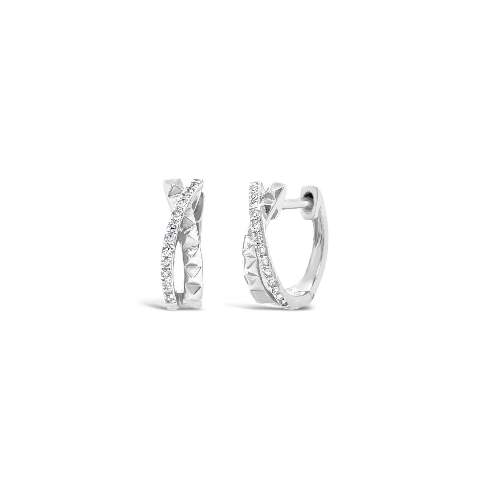 Half Diamond Half Gold Stud Huggie Twist Earrings -14k gold weighing 1.83 grams  -26 round diamonds weighing .07 carats