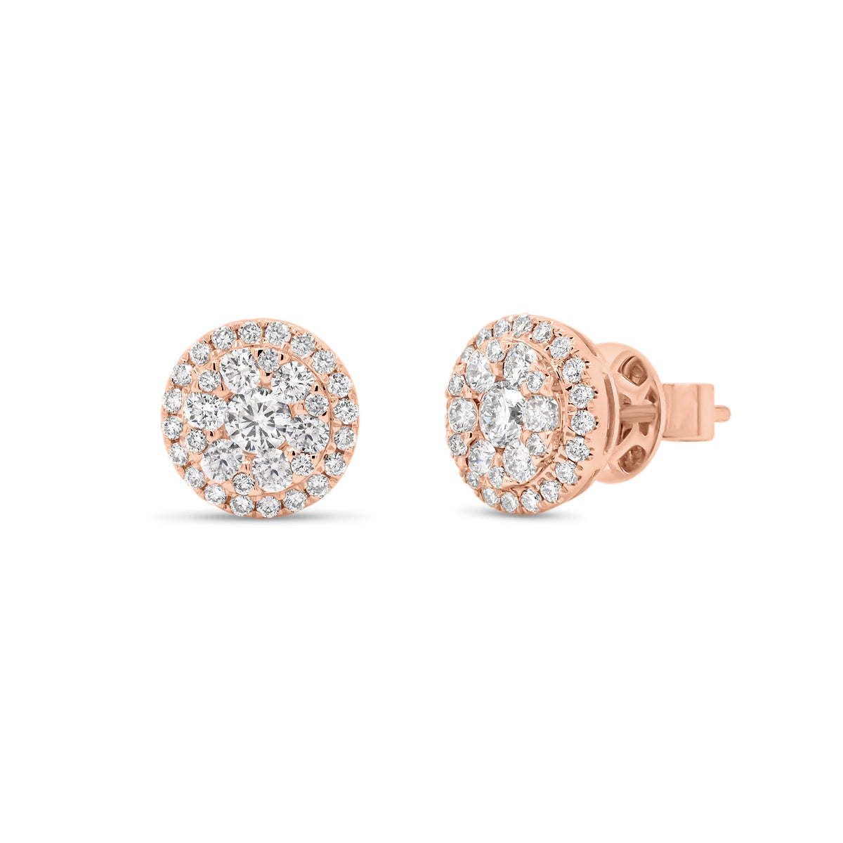 diamond round cluster stud earrings - 18K gold weighing 2.77 grams  - 66 round diamonds totaling 0.85 carats