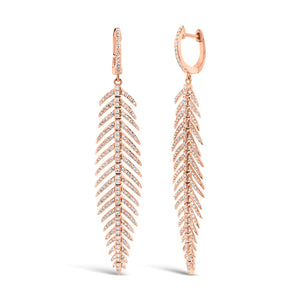 Diamond Feather Dangle Earrings  - 14K gold weighing 10.73 grams  - 436 round diamonds totaling 1.29 carats