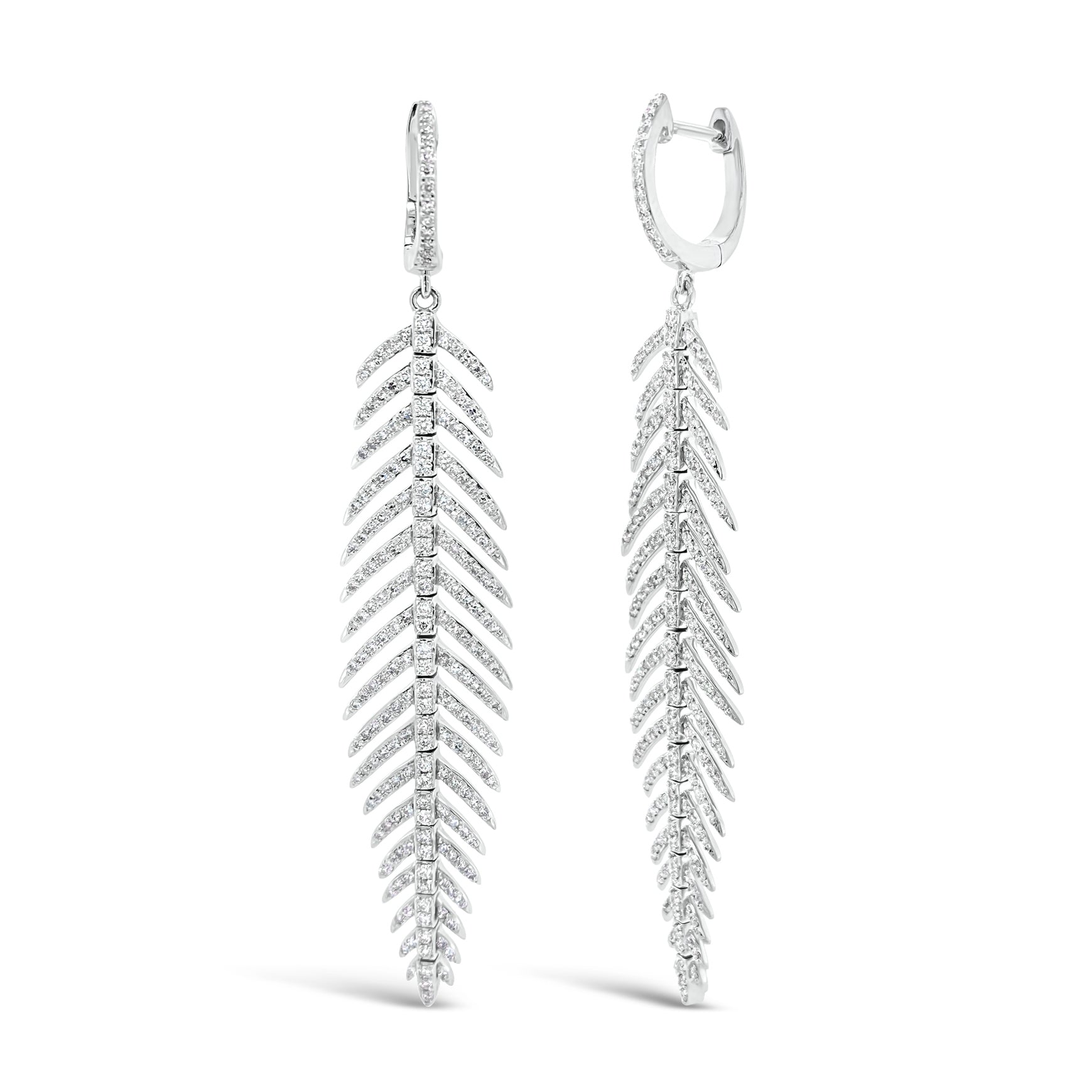Diamond Feather Dangle Earrings  - 14K gold weighing 10.73 grams  - 436 round diamonds totaling 1.29 carats