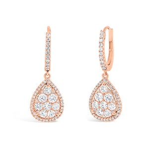 Diamond Cluster Teardrop Lever-Back Earrings  -18K gold weighing 5.26 grams  -116 round diamonds totaling 1.23 carats  -6 round diamonds totaling 0.53 carats 